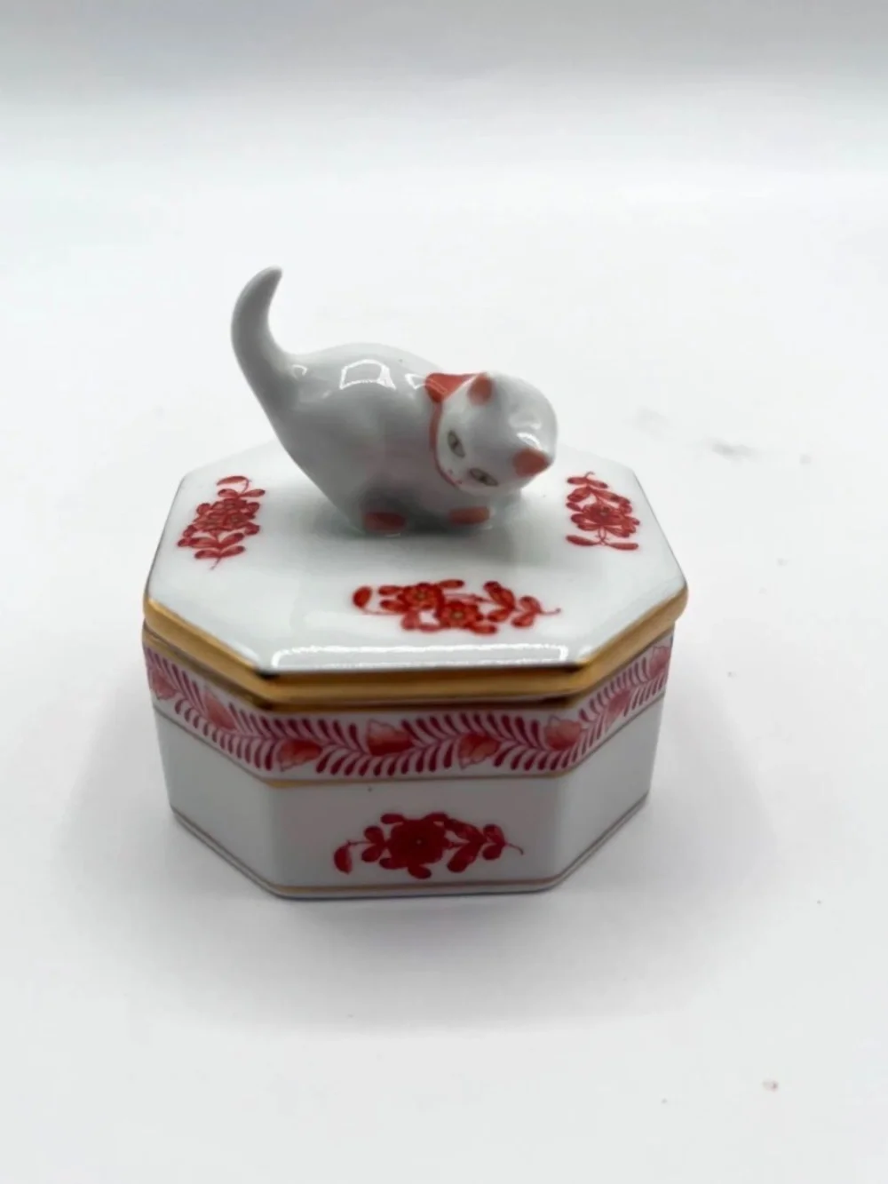Vintage Herend Hungary Rust Chinese Bouquet Kitty Cat / Kitten Porcelain